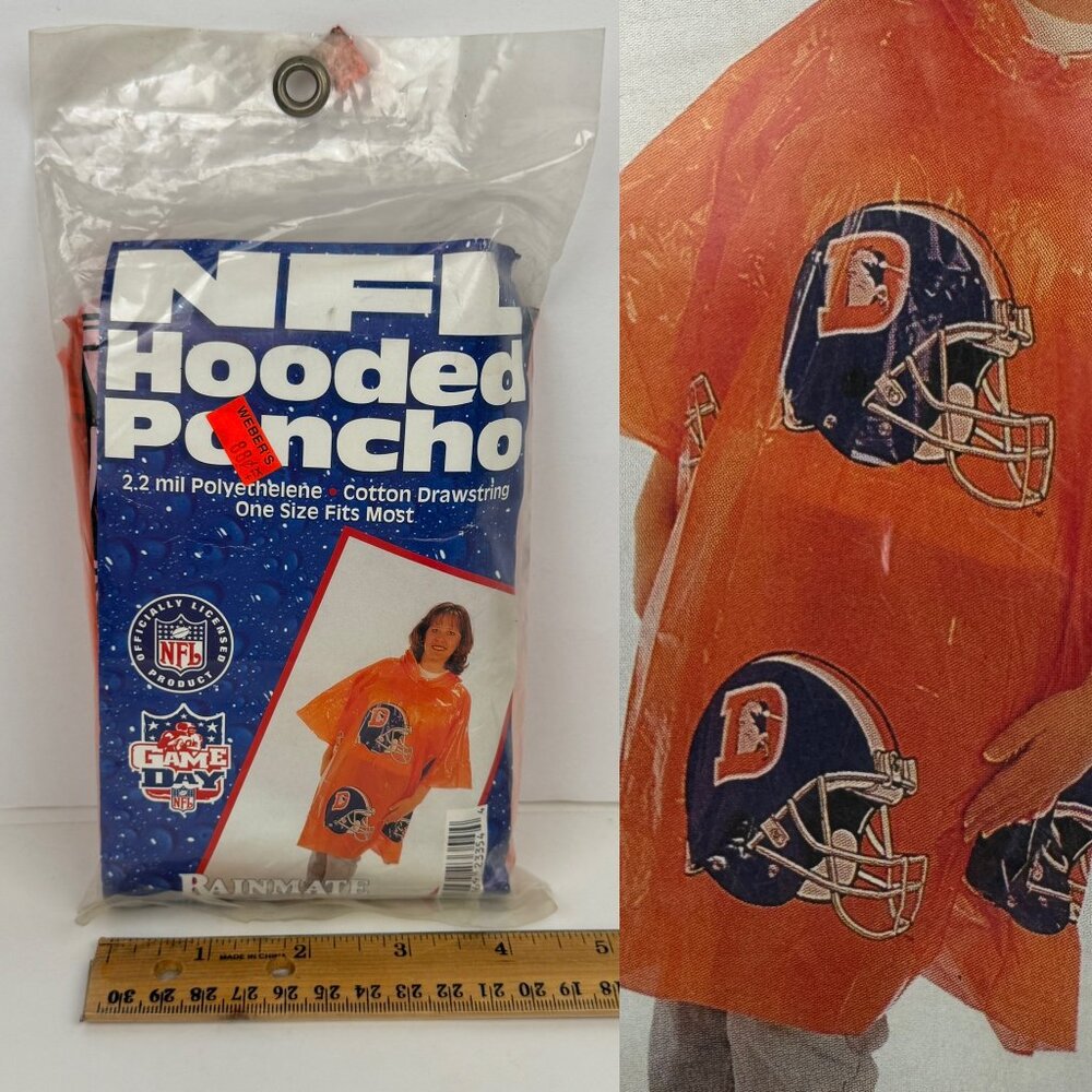 Vtg 90s Sealed NFL‎ Denver Broncos Football Hooded Poncho Orange Rainmate 1 Size